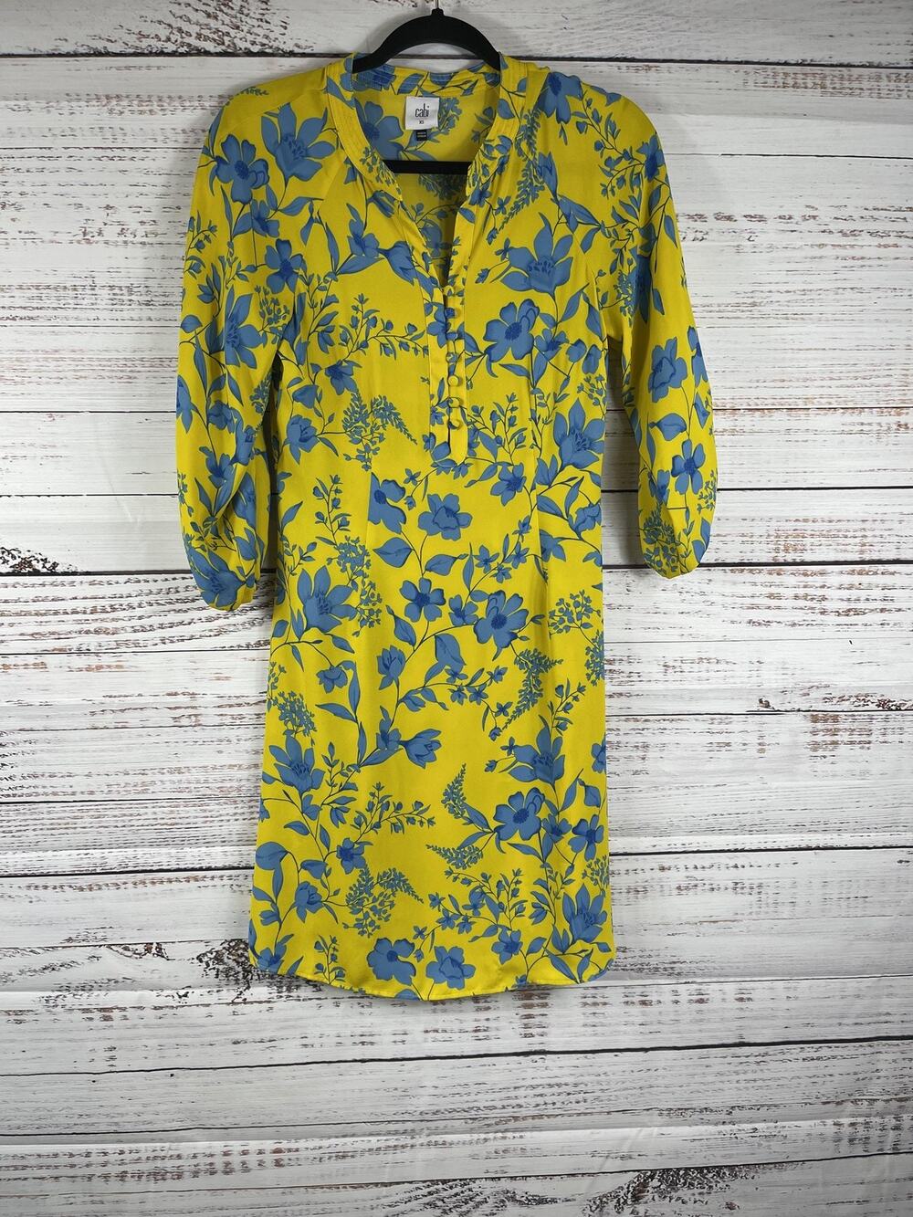 CAbi Dress Womens XS Yellow Blue Floral V Neck Shift 3/4 Sleeve Knee Length Work